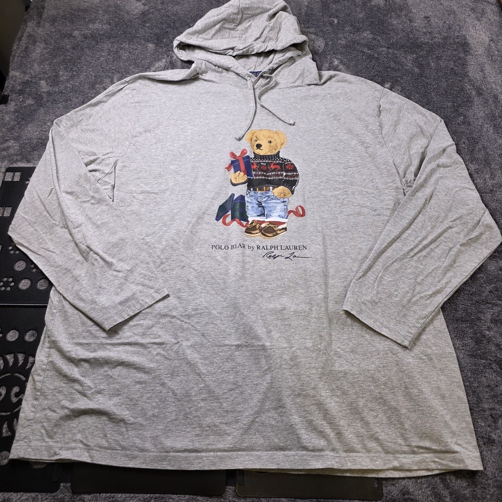 Ralph Lauren Polo Bear Jersey Hooded T Shirt‎ Mens 3XB Gray Christmas Bear